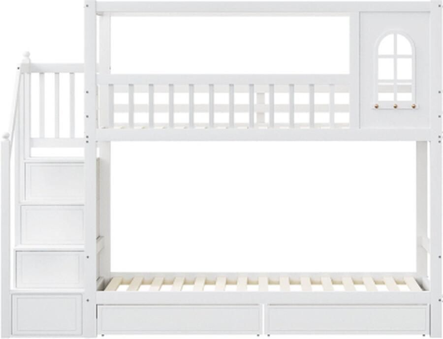 GOTAGEE Houten Stapelbed 90x200 cm met Vensters Veiligheidshek en Opberglades