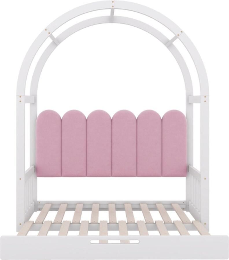 GOTAGEE Huisbed 140x100 200cm tweepersoonsbed (zonder matras) fluweel wit en roze gebogen dakbed schuifbed kinderbed dagbed massief houten bed