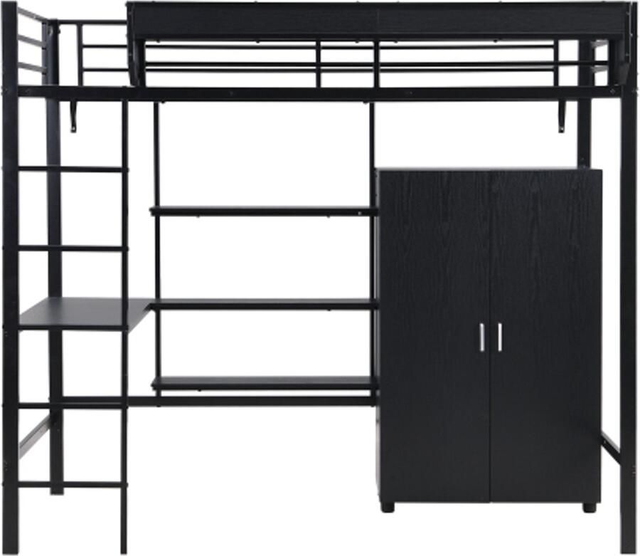 GOTAGEE IJzeren bed hoogslaper geschikt voor kinderen en adolescenten met tafel en kledingkast ruime opbergvakken met 5-traps ladder ijzer + spaanplaat zwart 90x200cm