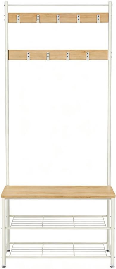GOTAGEE Kapstok 32 x 70 x 175cm Wit+naturel en multifunctioneel halmeubel met schoenenbank dubbel metalen schoenenrek en 9 afneembare haken industrieel design stevig metalen frame geschikt voor gang en slaapkamer - Foto 2