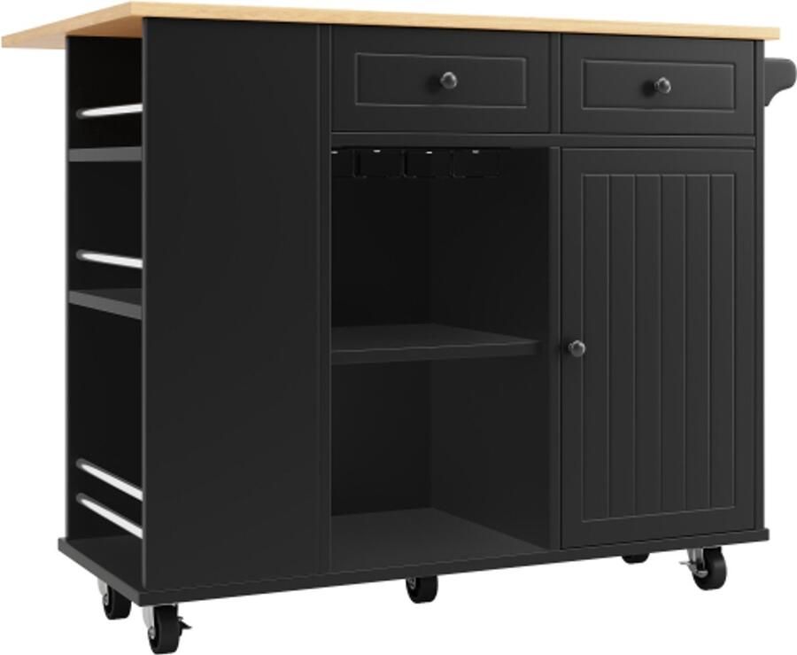 GOTAGEE Keukeneiland met uitneembare verdelers keukenkast eetwagen met werkblad buffetkast eetwagen met houtnerf voorzien van snackhouder en wijnglasrek zwart