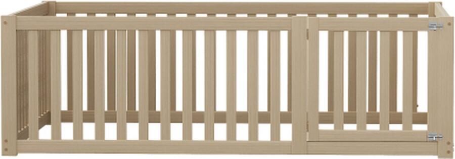 GOTAGEE Kinderbed 140x200cm Tweepersoonsbed (zonder matras) Massief Houten Bedframe met Veiligheidshek en Deur Houtkleur Grenenhout