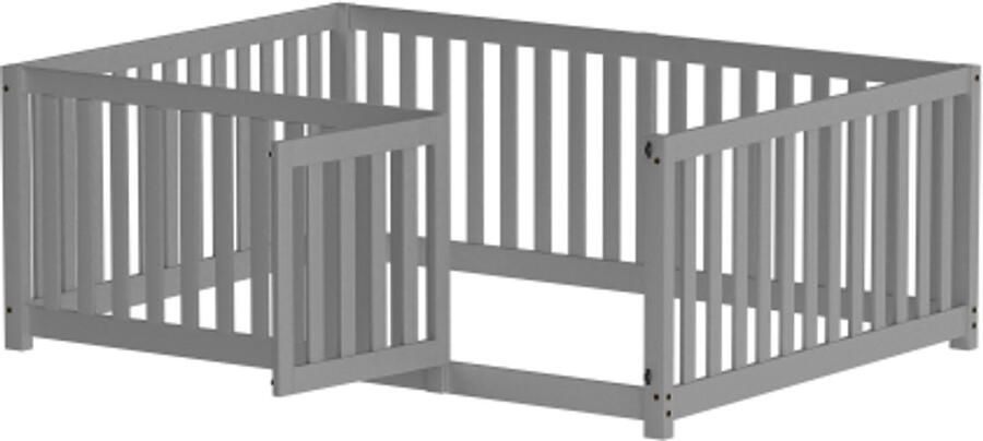 Gotagee Kinderbed 140x200cm Tweepersoonsbed (zonder matras) Massief Houten Bedframe met Veiligheidshek en Deur Grenenhout