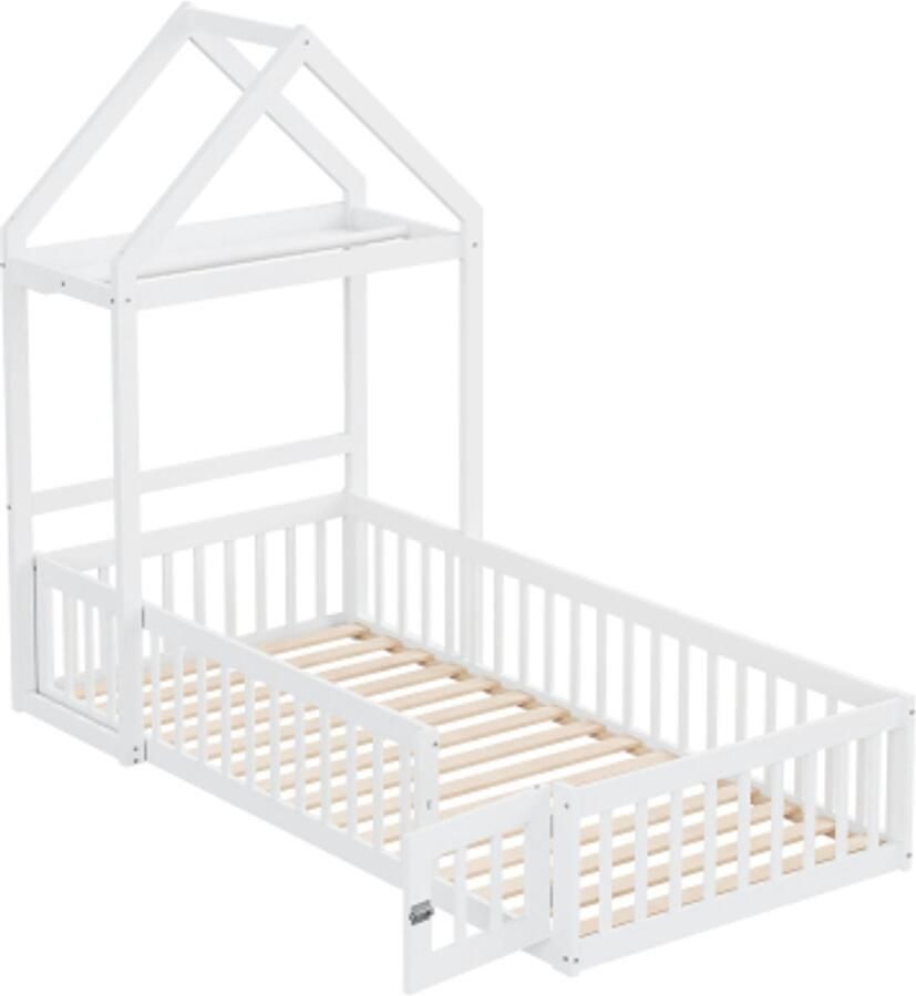 GOTAGEE Kinderbed 90 x 200 kinderbedframe van massief hout met opbergruimte volledige veiligheidshek en deuren en lattenbodem wit