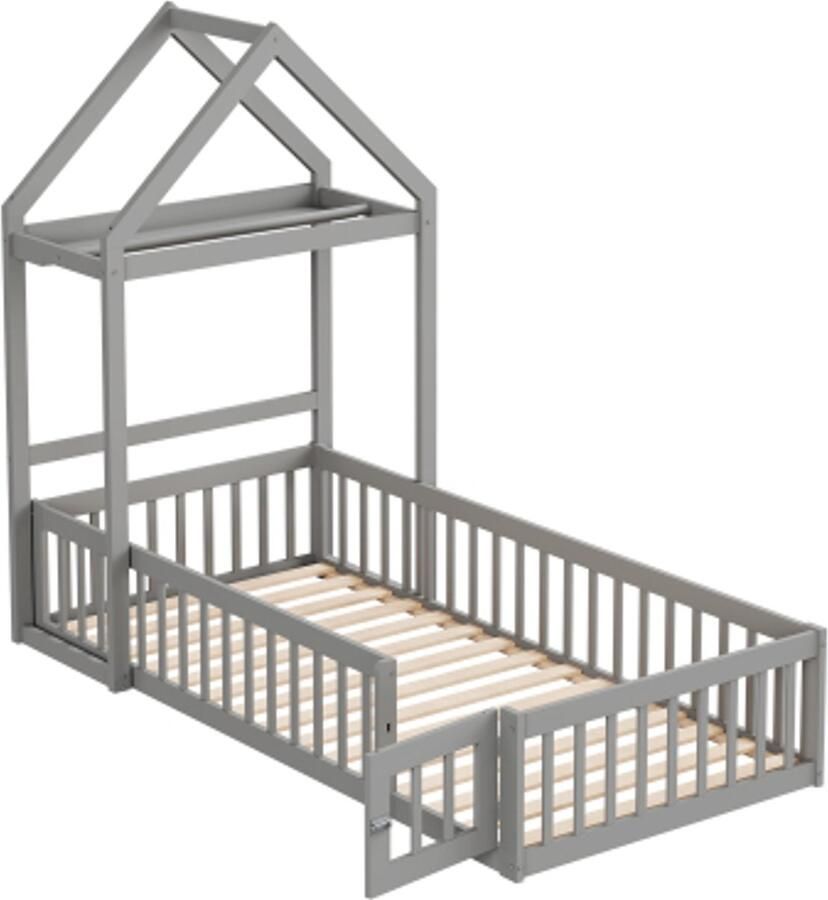 GOTAGEE Kinderbed 90 x 200 kinderbedframe van massief hout met opbergruimte volledige veiligheidshek en deuren en lattenbodem grijs