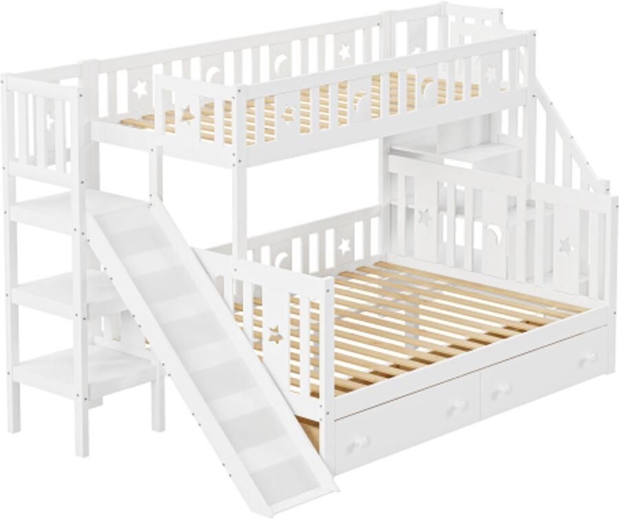 GOTAGEE Kinderbed 90x200 140x200 cm massief houten stapelbed met glijbaan en plank met veiligheidstreden twee grote lades en lattenbodem wit
