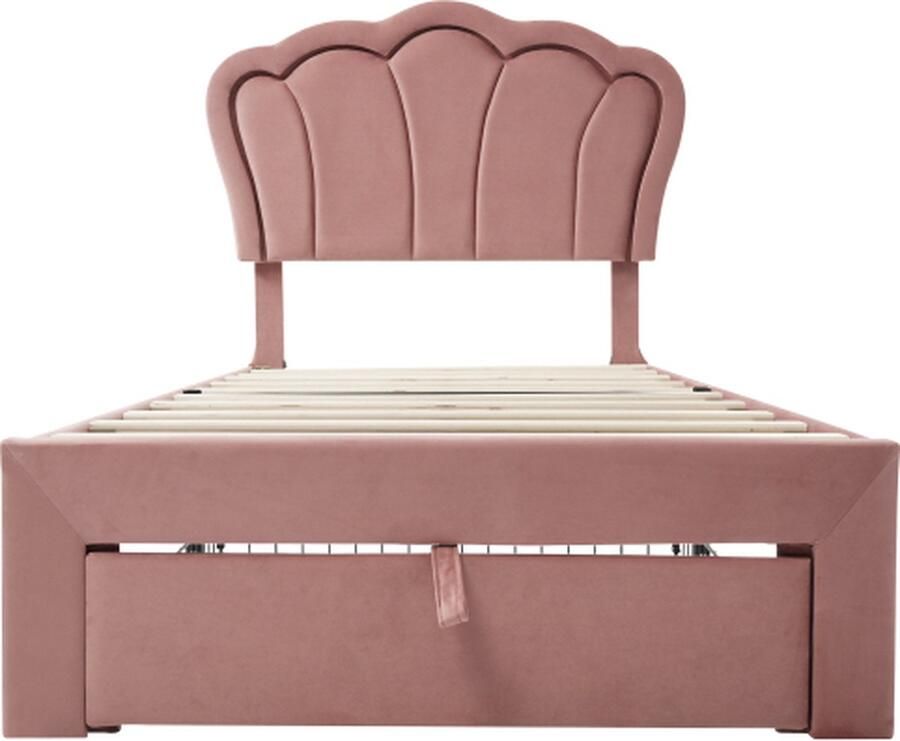 GOTAGEE Kinderbed 90x200cm eenpersoonsbed (zonder matras) met laden gestoffeerd bed APP-Control LED bedframe lattenbodem en verstelbaar hoofdeinde bedframe jeugdbed fluweel roze