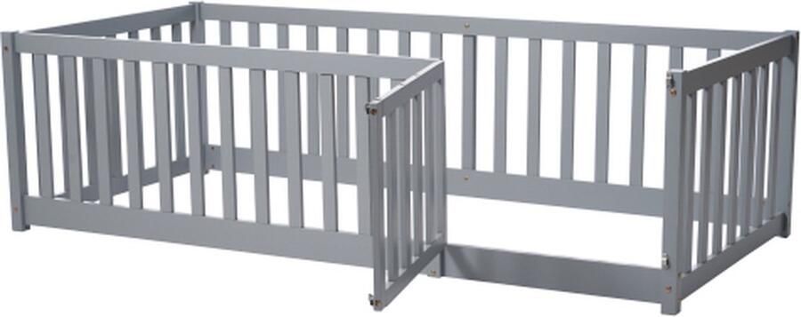 GOTAGEE Kinderbed 90x200cm Enkelbed (zonder matras) Massief Houten Bedframe met Veiligheidshek en Deur Grenenhout