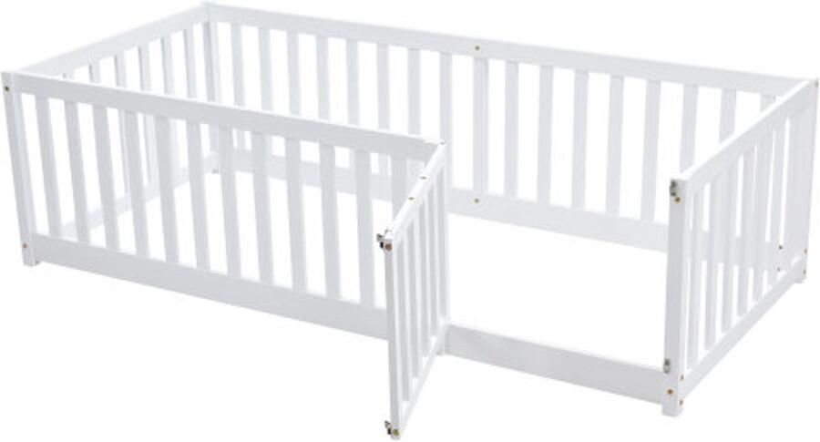 GOTAGEE Kinderbed 90x200cm Tweepersoonsbed (zonder matras) Massief Houten Bedframe met Veiligheidshek en Deur Grenenhout