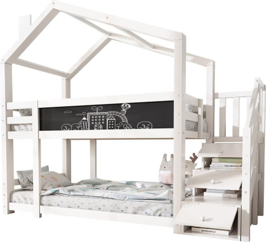GOTAGEE Kinderbed boomhut 90 x 200 cm stapelbed voor kinderen met schoorsteen & opbergruimte en valbeveiliging wit inclusief plank 2x lattenbodem (zonder matras)