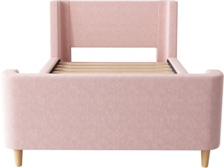 GOTAGEE Kinderbed gestoffeerd bed eenpersoonsbed slee bed met kosmisch patroon 90 x 200 cm roze fluweel (zonder matras)