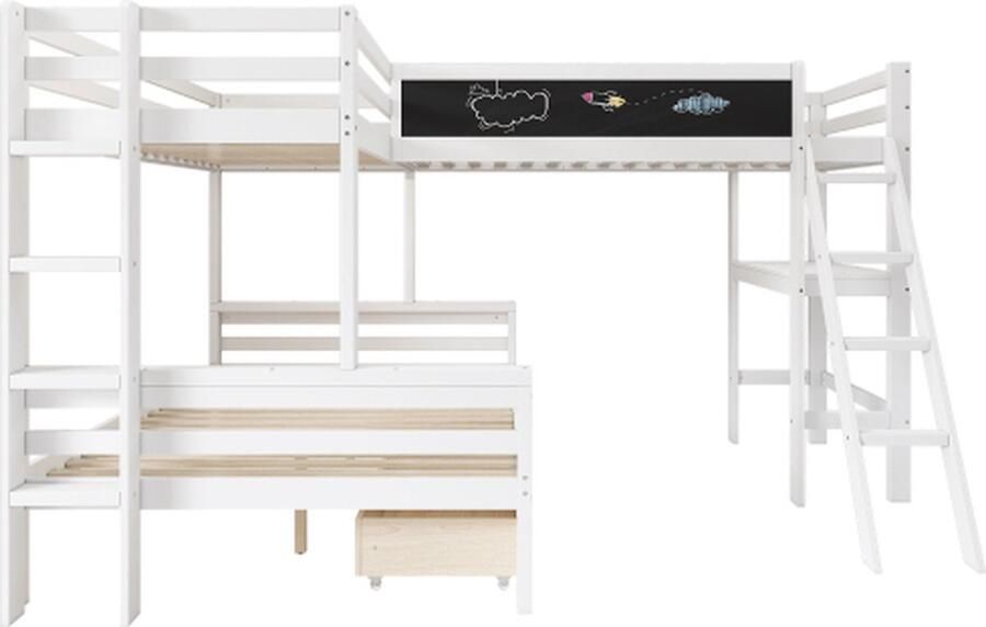 GOTAGEE Kinderbed hoogslaper stapelbed met bureau eenpersoonsbed tweepersoonsbed wit met plank zonder matras jeugdbed