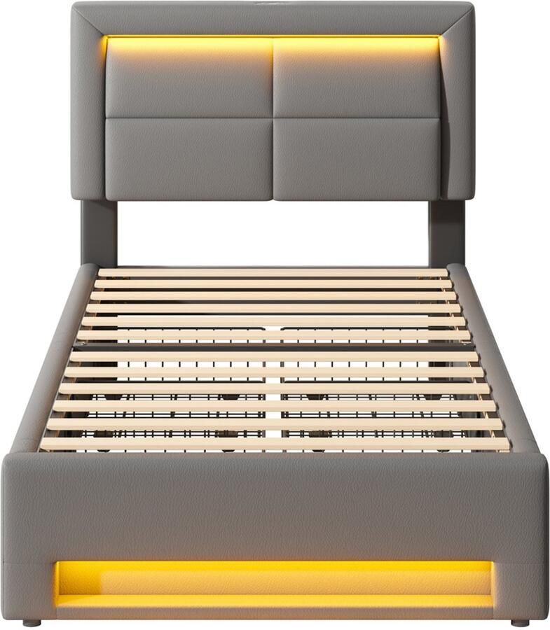 GOTAGEE Opbergbed Eenpersoonsbed Opslagbed Multifunctioneel bed Vlak bed Slaapkamerbed Gastbed Met 4 lades Met LED-verlichting Met USB-oplaadpoort en draadloze oplaadpoort Bed met opbergruimte Bed zonder matras 90x190cm