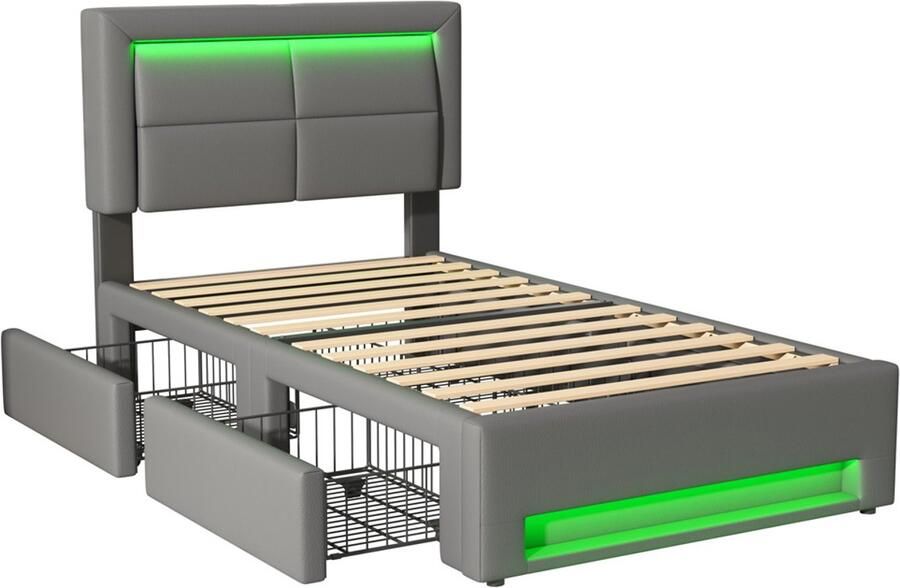 GOTAGEE Opbergbed Eenpersoonsbed Opslagbed Multifunctioneel bed Vlak bed Slaapkamerbed Gastbed Met 4 lades Met LED-verlichting Met USB-oplaadpoort en draadloze oplaadpoort Bed met opbergruimte Bed zonder matras 90x200cm