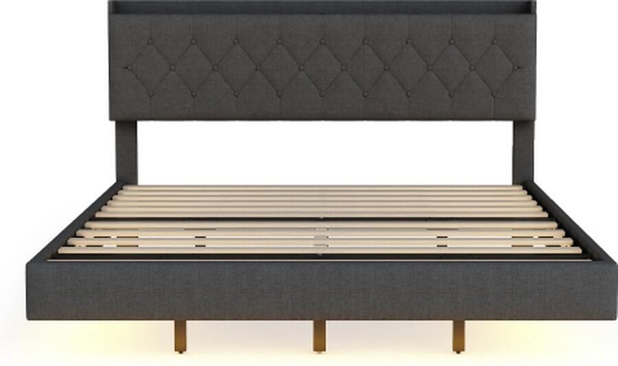 GOTAGEE Polsterbed met USB-laadstation en LED-kleurveranderende lichtstrip Tweepersoonsbed in linnenstof met lattenbodem