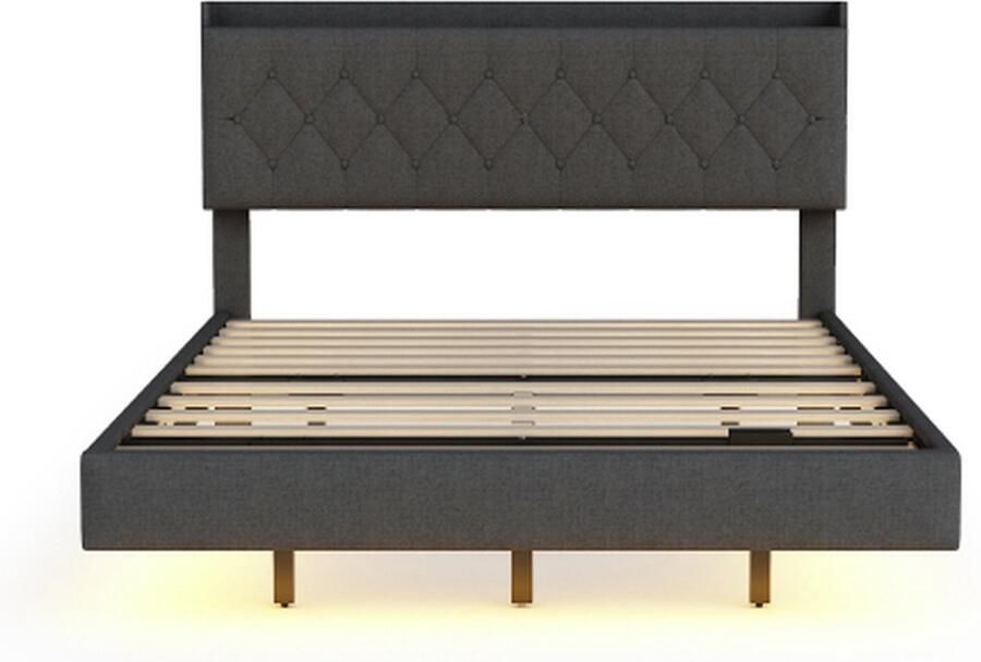 GOTAGEE Polsterbed met USB-laadstation en LED-kleurveranderende lichtstrip Tweepersoonsbed in linnenstof met lattenbodem