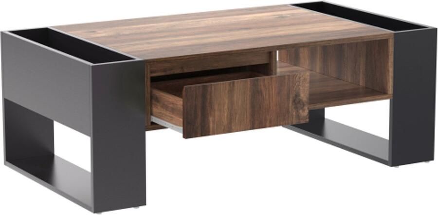 GOTAGEE Salontafel met houtnerfmotief één greeploze lade één opbergvak en opbergvak aan de achterzijde en opbergruimte aan twee kanten. Met opbergvakken aan beide zijden. Woonkamer bank tafel