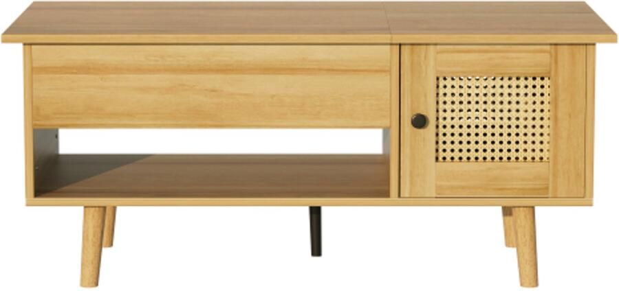 GOTAGEE Salontafel met opklapbaar tafelblad en rotandeuren houtkleur met zwarte accenten voor de woonkamer – opbergruimte en functioneel design - Foto 2