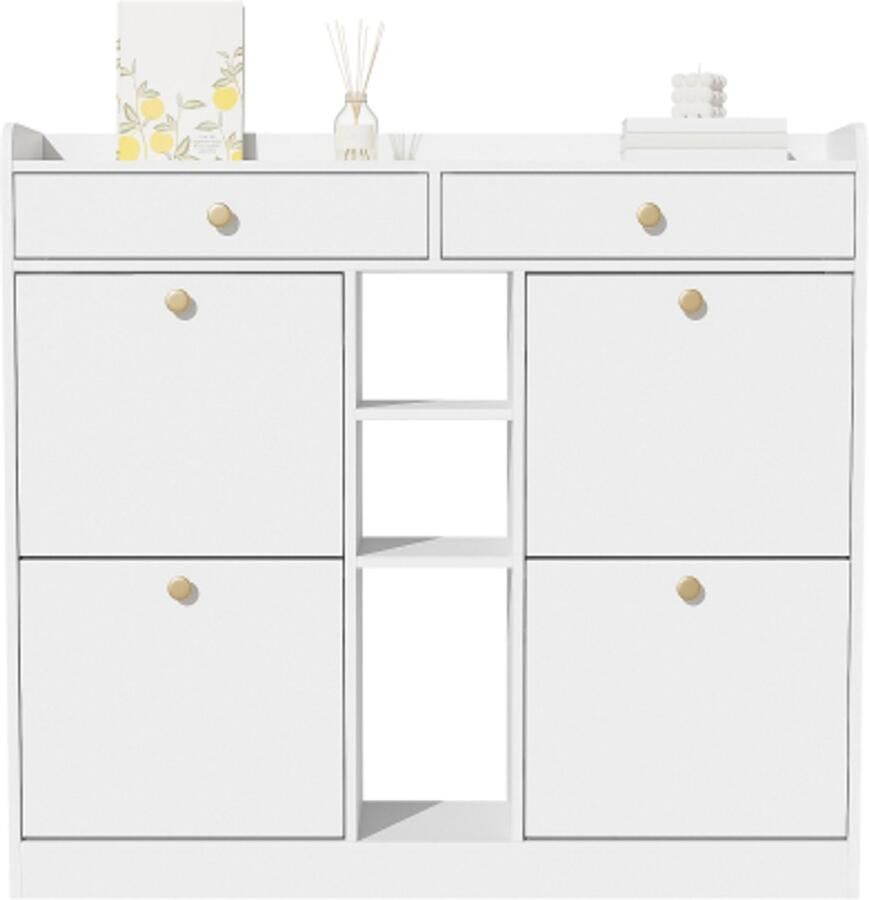 GOTAGEE Schoenenkast met 4 vouwdeuren 2 laden 3 open vakken voor gangen en entrees afmetingen 110 x 26 x 100 cm