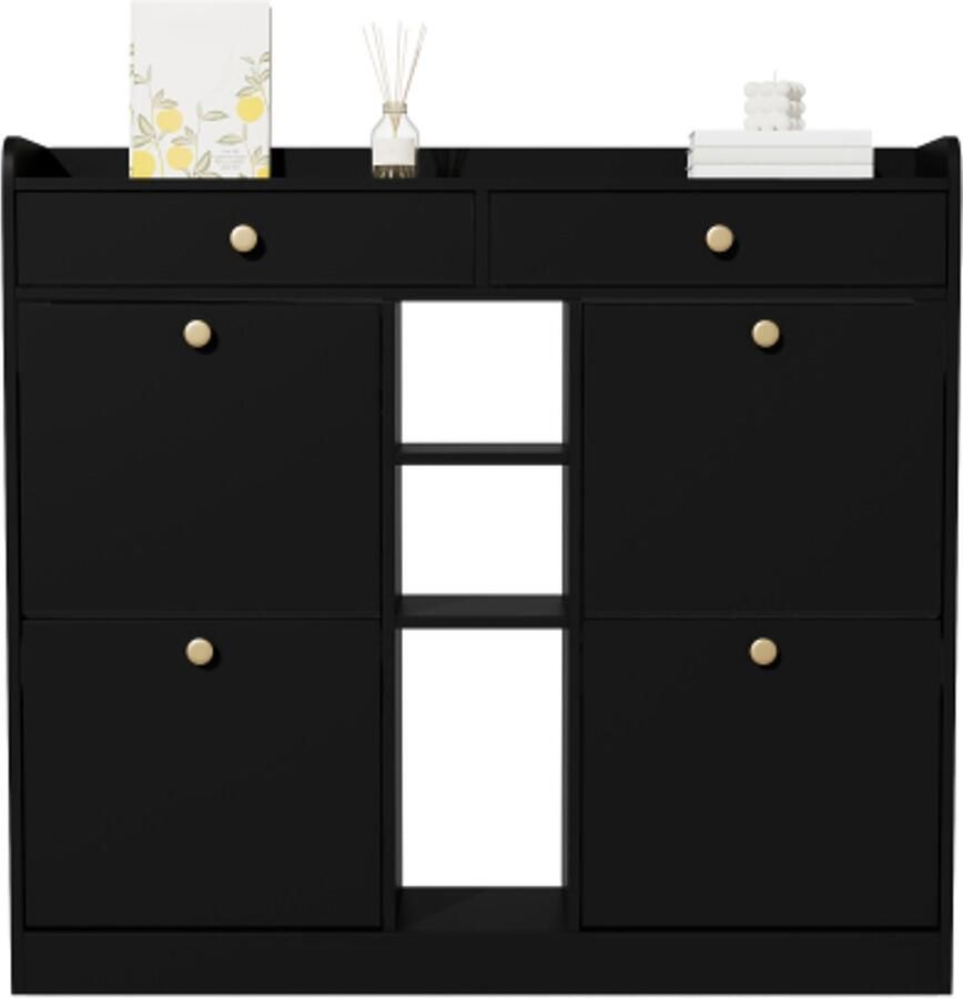 GOTAGEE Schoenenkast met 4 vouwdeuren 2 laden 3 open vakken voor gangen en entrees afmetingen 110 x 26 x 100 cm