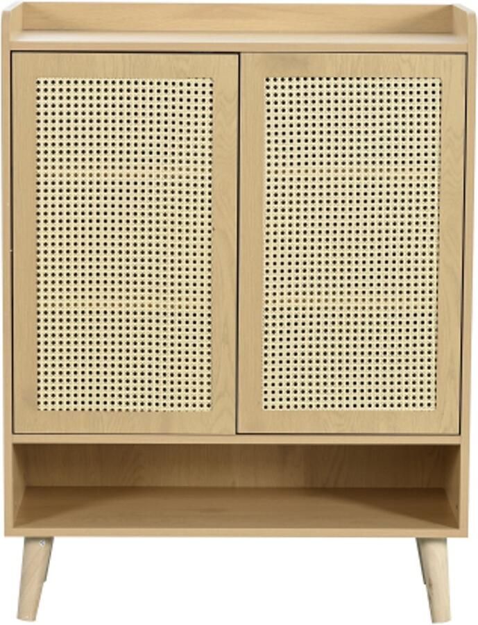GOTAGEE Schoenenkast van natuurlijk rotan schoenenladekast schoenenrek met 2 deuren en 5 planken voor de hal. Met houten handgrepen en massief houten poten. Afmetingen: B80 H105 D35 cm