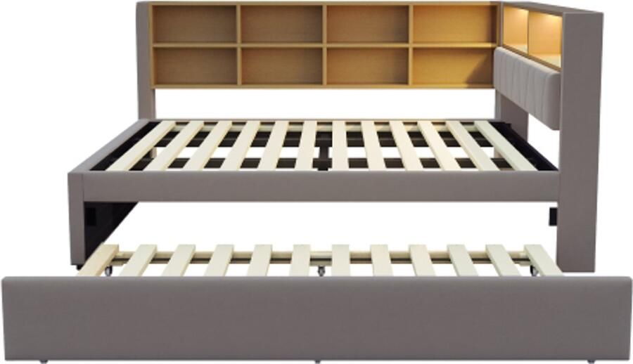 GOTAGEE Slaapbank 140x200cm uitschuifbaar bed 90x190cm voorzien van LED-verlichting stopcontacten en veel opbergvakken gestoffeerd bed multifunctionele slaapbank eenpersoonsbed flanel donkergrijs