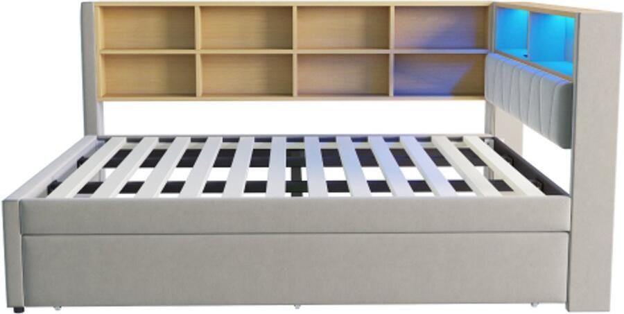 GOTAGEE Slaapbank 140x200cm uitschuifbaar bed 90x190cm voorzien van LED-verlichting stopcontacten en veel opbergvakken gestoffeerd bed multifunctionele slaapbank eenpersoonsbed flanel lichtgrijs