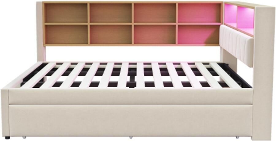 GOTAGEE Slaapbank 140x200cm uitschuifbaar bed 90x190cm voorzien van LED-verlichting stopcontacten en veel opbergvakken gestoffeerd bed multifunctionele slaapbank eenpersoonsbed flanel beige
