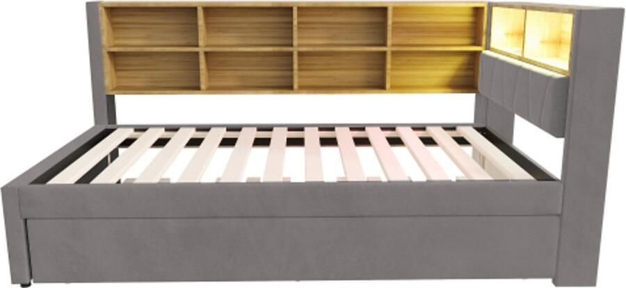 GOTAGEE Slaapbank 90x200cm uitschuifbaar bed 90x190cm voorzien van LED-verlichting stopcontacten en veel opbergvakken gestoffeerd bed multifunctionele slaapbank eenpersoonsbed flanel donkergrijs