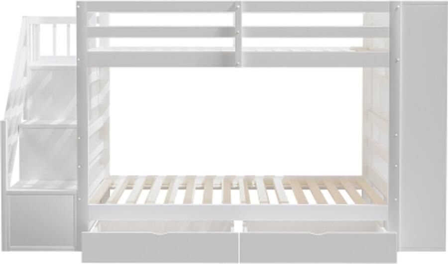 GOTAGEE Stapelbed 90200 cm veiligheidsladder met opbergvakken opbergladen en grote kasten hoge hekconstructie lattenbodem kinderbed jeugdbed wit