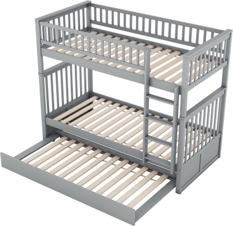 GOTAGEE Stapelbed 90x200cm kinderbed driepersoonsbed met uitschuifbed hoge leuningen stabiele trap grijs