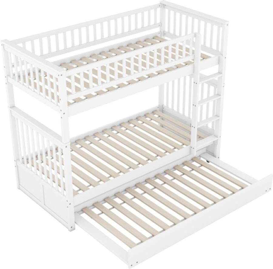 GOTAGEE Stapelbed 90x200cm kinderbed driepersoonsbed met uitschuifbed hoge leuningen stabiele trap wit