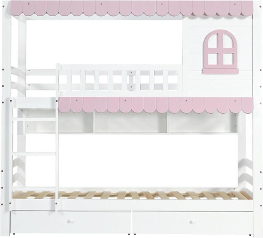 GOTAGEE Stapelbed 90x200cm kinderbed met ramen met veiligheidshekje open plank roze dakrand twee lades met wielen wit+roze