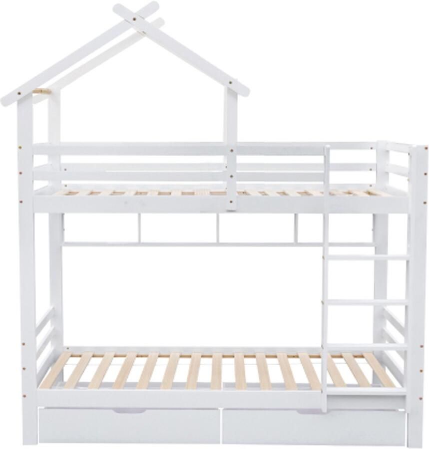 GOTAGEE Stapelbed 90x200cm met laden en planken huisbed met drie-traps haakse ladder kinderbed met valbeveiliging en spijlen wit