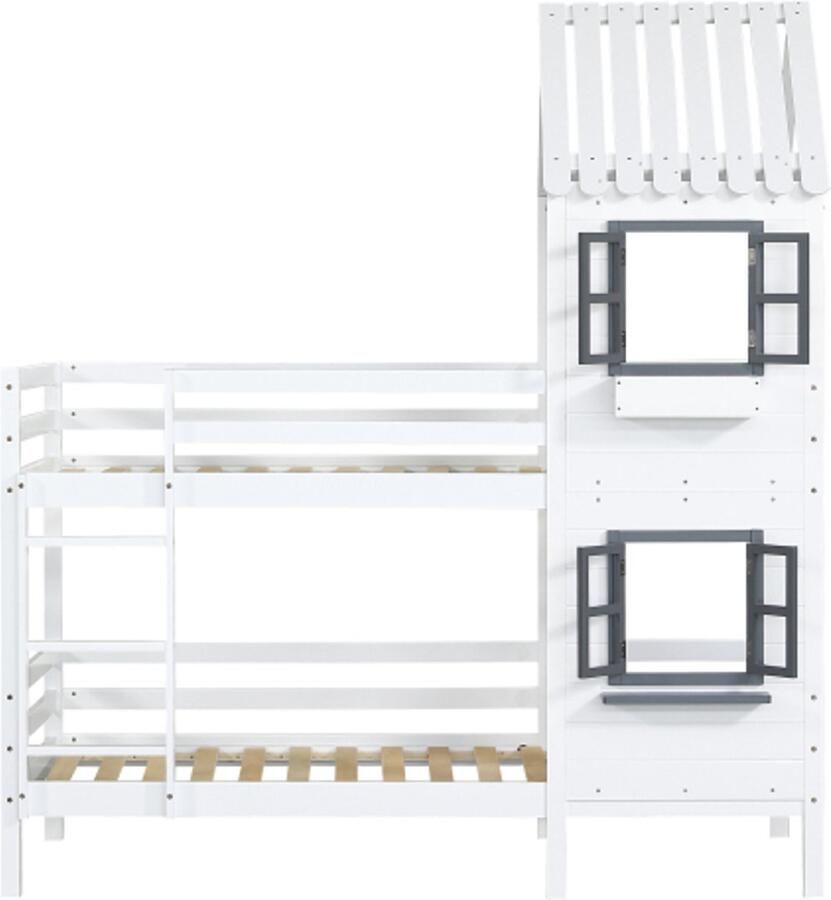 GOTAGEE Stapelbed 90x200cm met leuning en raam huisbed kinderbed met valbeveiliging en spijlen frame van grenenhout wit