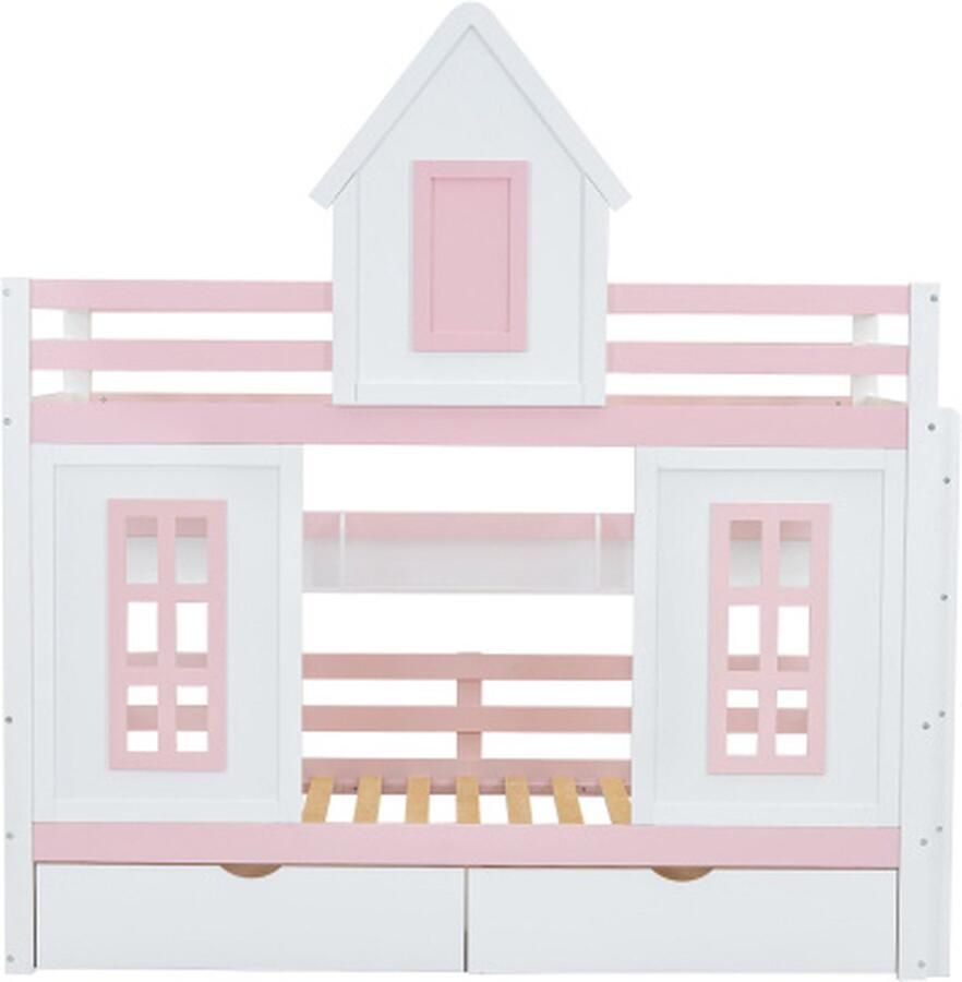 GOTAGEE Stapelbed kinderbed met dak en raam met veiligheidshekje reling twee lades met wielen open plank opbergruimte wit+roze