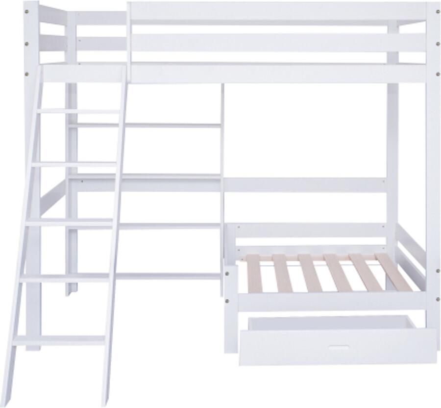 Gotagee Stapelbed met planken en bank houten bed met lade kinderbed met schuine ladder met vijf treden wit 90x200 cm
