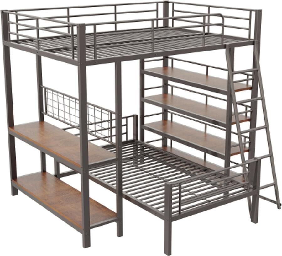 GOTAGEE Stapelbed metalen frame hoogslaper 140x200 multifunctioneel bed met meerdere opbergvakken zwart