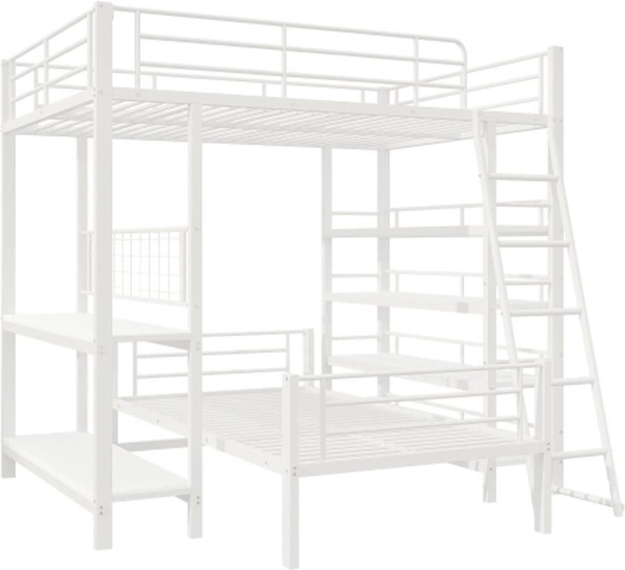 GOTAGEE Stapelbed metalen frame hoogslaper 140x200 multifunctioneel bed met meerdere opbergvakken wit