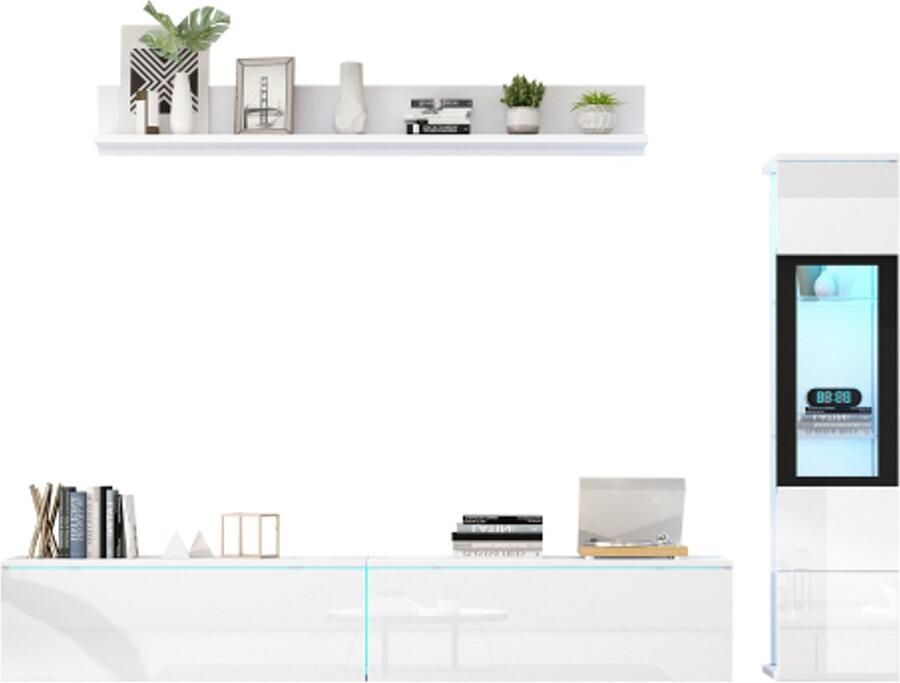 GOTAGEE TV wandmeubelset 3-delig LED verlichting hoogglans wit woonkamermeubelset 1 x TV-kast 1 x vitrinekast woonkamer 1 x hangplank - Foto 2
