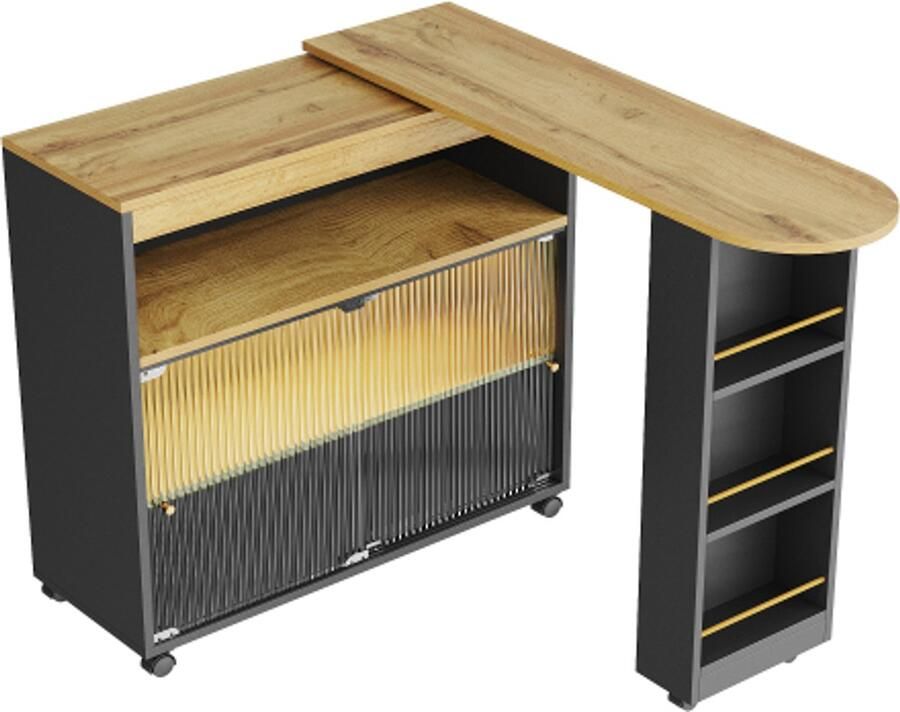 GOTAGEE Uitschuifbare bartafel met opbergruimte verplaatsbare bartafel telescopische bartafel met LED bartafel bistrotafel hoge tafel kookeiland bistrotafel zwart (138-204×39×105cm) - Foto 2