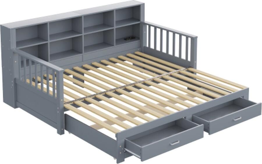GOTAGEE Uitschuifbare slaapbank 90 180x190 cm opbergkast met oplaadpunt in de zijarmleuning met 2 lades en lattenbodem multifunctioneel bed van grenenhout grijs