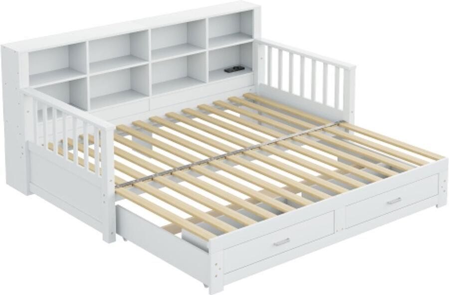 GOTAGEE Uitschuifbare slaapbank 90 180x190 cm opbergkast met oplaadpunt in de zijarmleuning met 2 lades en lattenbodem multifunctioneel bed van grenenhout wit