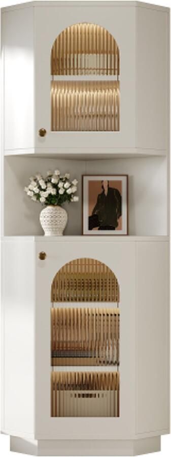 GOTAGEE Vitrinekast hoge kast badkamerkast met lichtlijst badkamermeubel hoekkast met twee opbergvakken open vak met verstelbare planken 45 x 45 x 166 5 cm wit