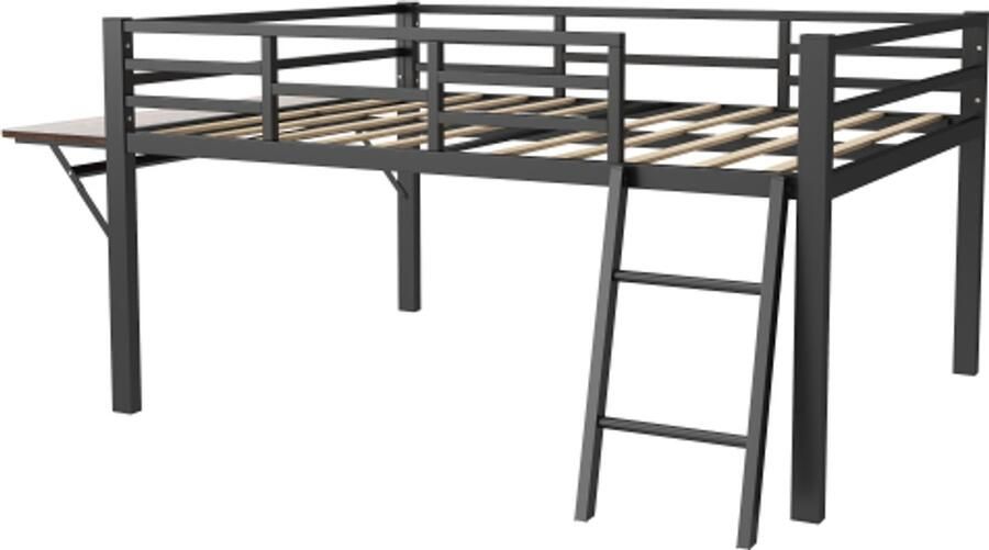 GOTAGEE Vlak bed 140 x 200 cm metalen bed zonder matras leuning ladder bureau op afstand bedienbare LED-lichtstrip zwart Zonder matras
