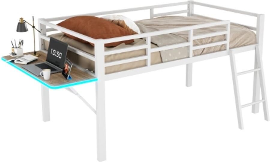 GOTAGEE Vlak bed 90 x 200 cm metalen bed zonder matras leuning ladder bureau op afstand bedienbare LED-lichtstrip wit Zonder matras