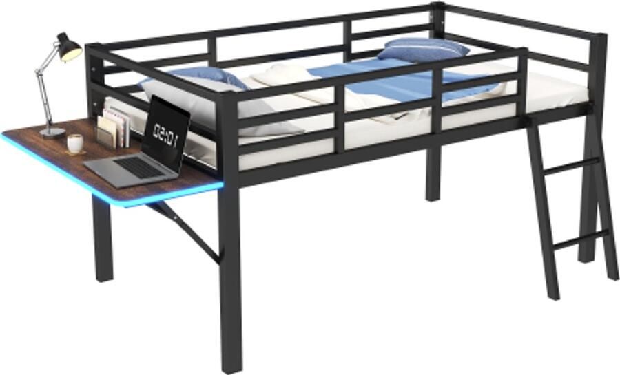 GOTAGEE Vlak bed 90 x 200 cm metalen bed zonder matras leuning ladder bureau op afstand bedienbare LED-lichtstrip zwart Zonder matras