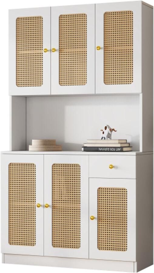 GOTAGEE wit rotan highboard met 6 rotan deuren en een witte lade met open opbergruimte in het midden woonkamer dressoir entree kast eetkamer highboard buffetkasten