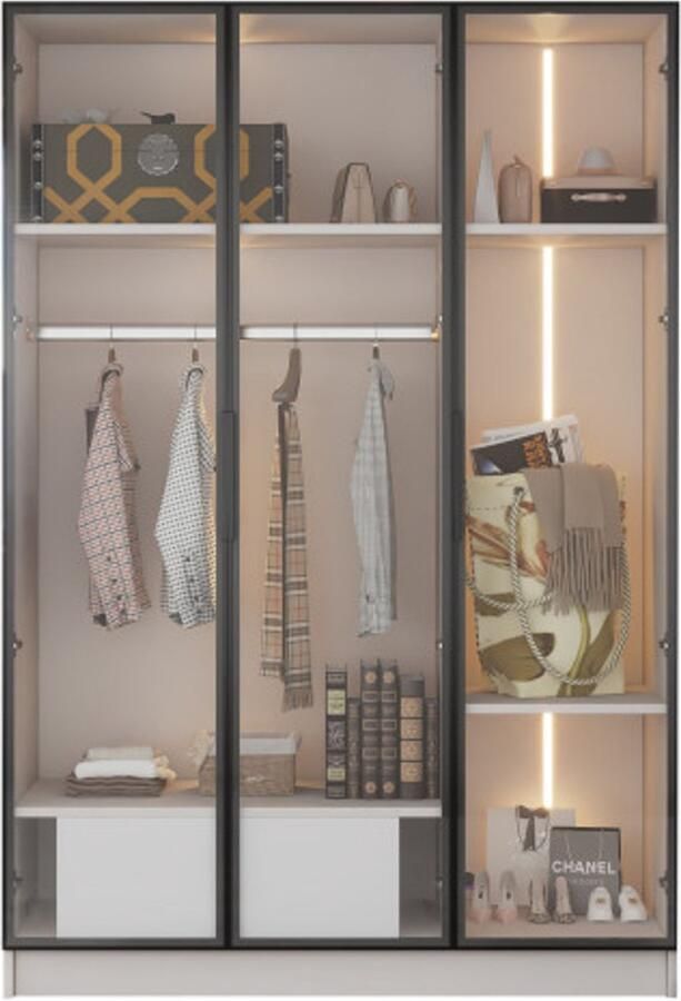 GOTAGEE witte kledingkast met 3 glazen deuren 1 lade en 1 kledingroede 110*50*160 cm met LED-verlichting - Foto 2