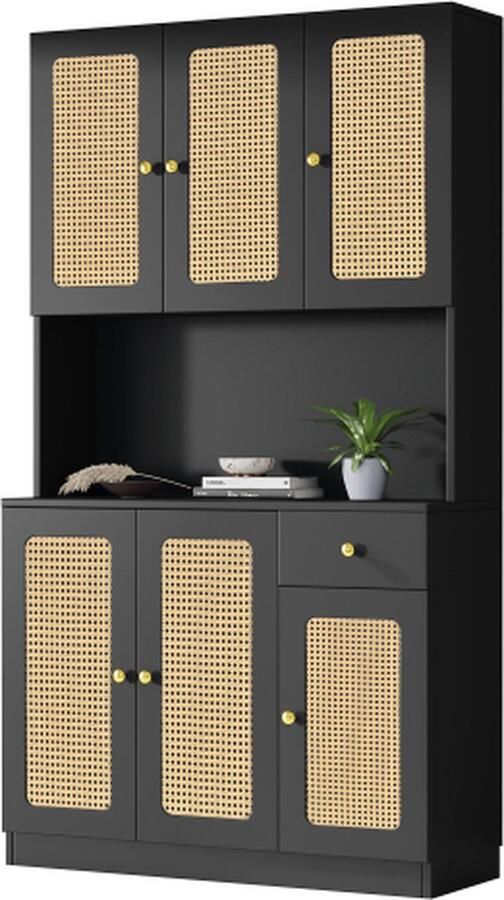 GOTAGEE Zwarte Rattan Highboard Woonkamer Sideboard Ingangskast Eetkamer Highboard met 6 Rattandeuren en een zwarte lade